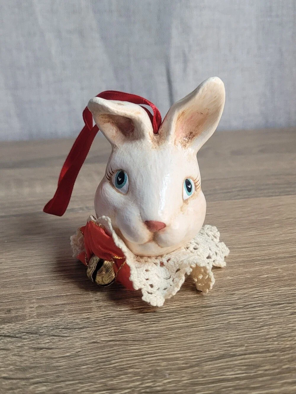 Vintage Whimsical Hand-Painted Bunny Rabbit Ornament W/ Lace Collar Farmhouse